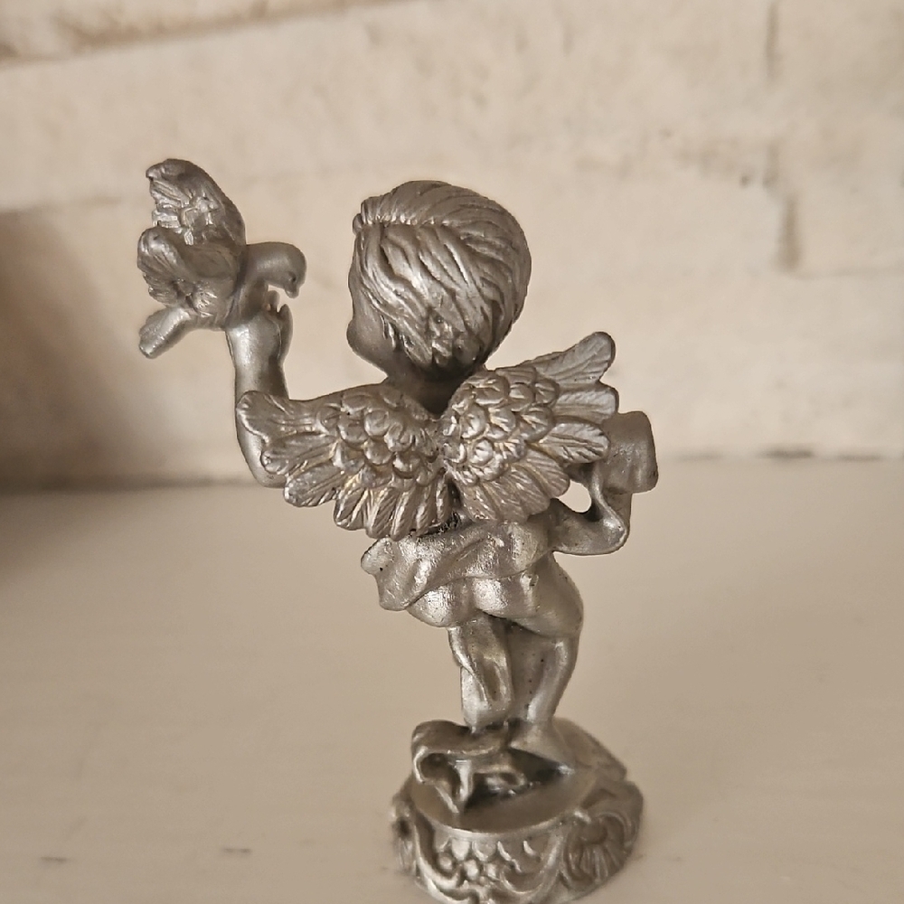 Vintage Pewter Cherub Angel Holding A Dove Figure. - Picture 2 of 12
